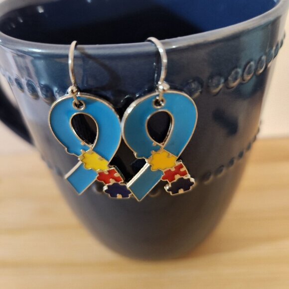 Autism Awareness Pierced Drop Earrings Ribbon Blue Yellow Red Navy 1.25" - Picture 4 of 5